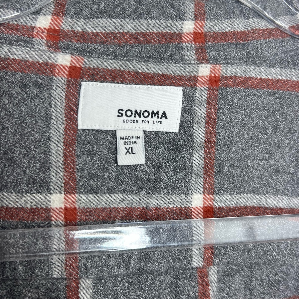 SONOMA men’s XL cotton button down flannel shirt. Gray/white/orange plaid. - Picture 4 of 5